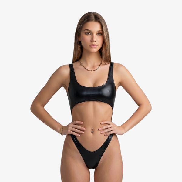 Extravaganter Monokini "Metallic-Look" in Schwarz, Gr. S-XL