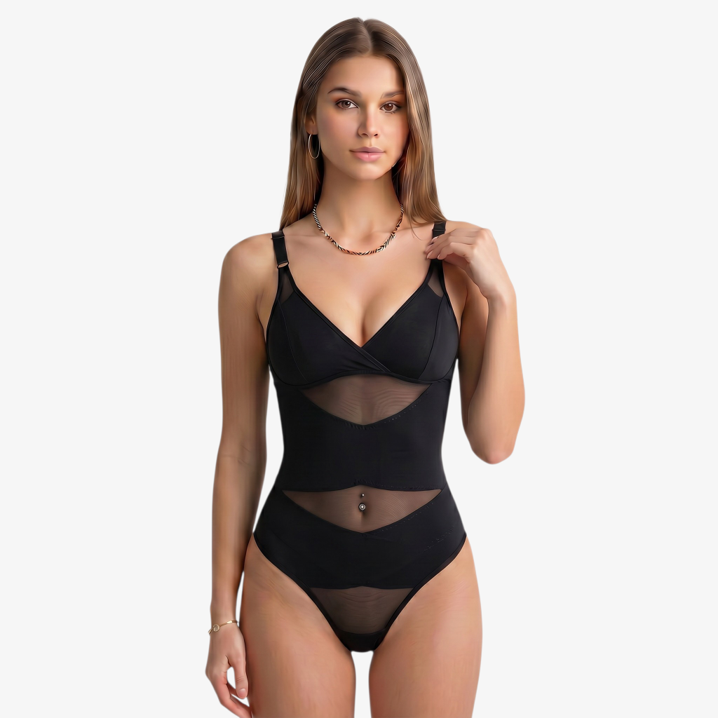 String-Shapewear-Body mit Tülleinsatz in Schwarz, Gr. S-3XL