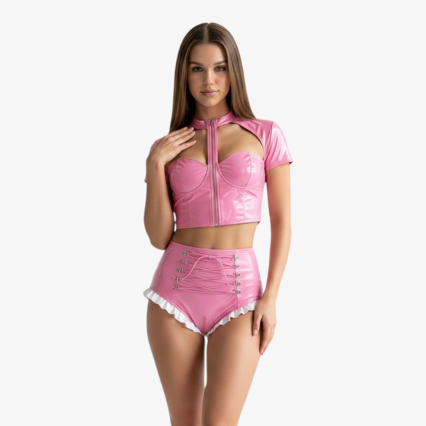 2-teiliges PU-Leder Dessous-Set in Wetlook-Optik, Rosa