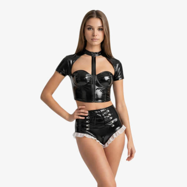 2-teiliges PU-Leder Dessous-Set in Wetlook-Optik, Schwarz