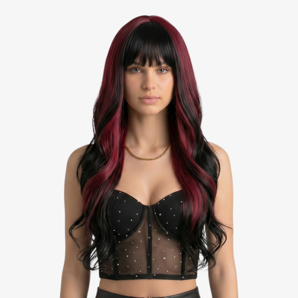 Perücke mit gewelltem Haar in Schwarz-Rot, Länge: 60 cm