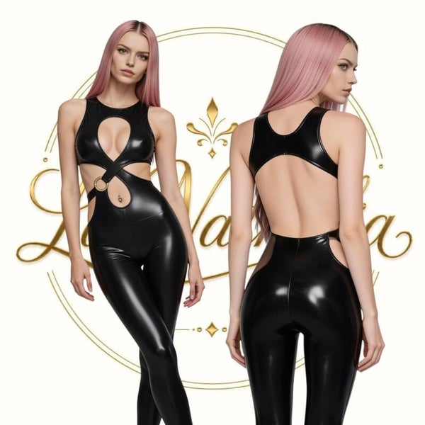 Extravaganter Wetlook-Overall "Ombra Infinita" Schwarz, One-Size