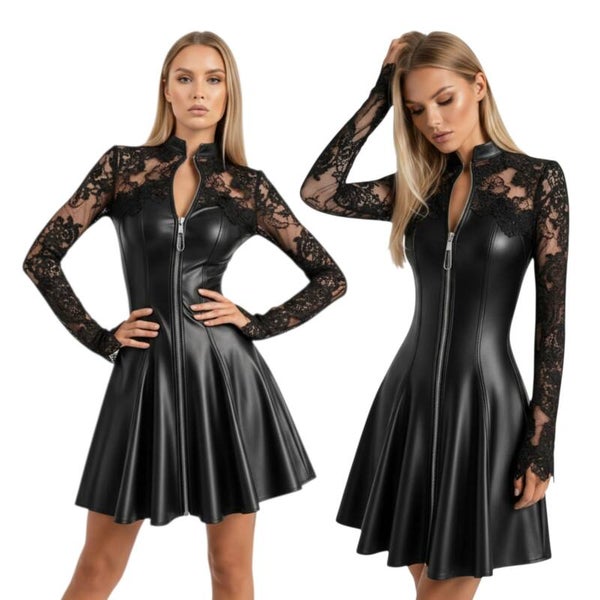 Minikleid "Midnight Lace" – Verführerische Eleganz in PU-Leder und Spitze