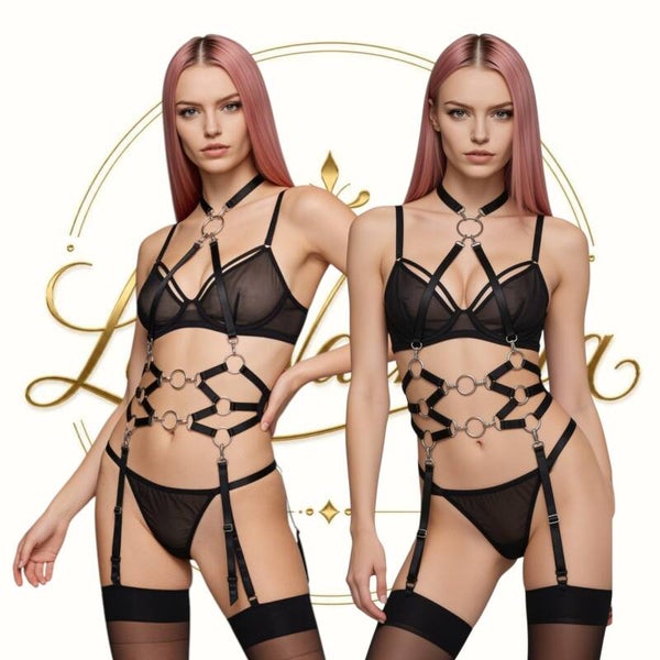 Harness-Dessous "Anello Nero" Mesh-Set mit Body, Gr. S-L