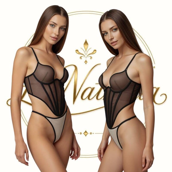 Korsett-Top "Velluto Nero" Retro-Mesh in Schwarz, Gr. S-L