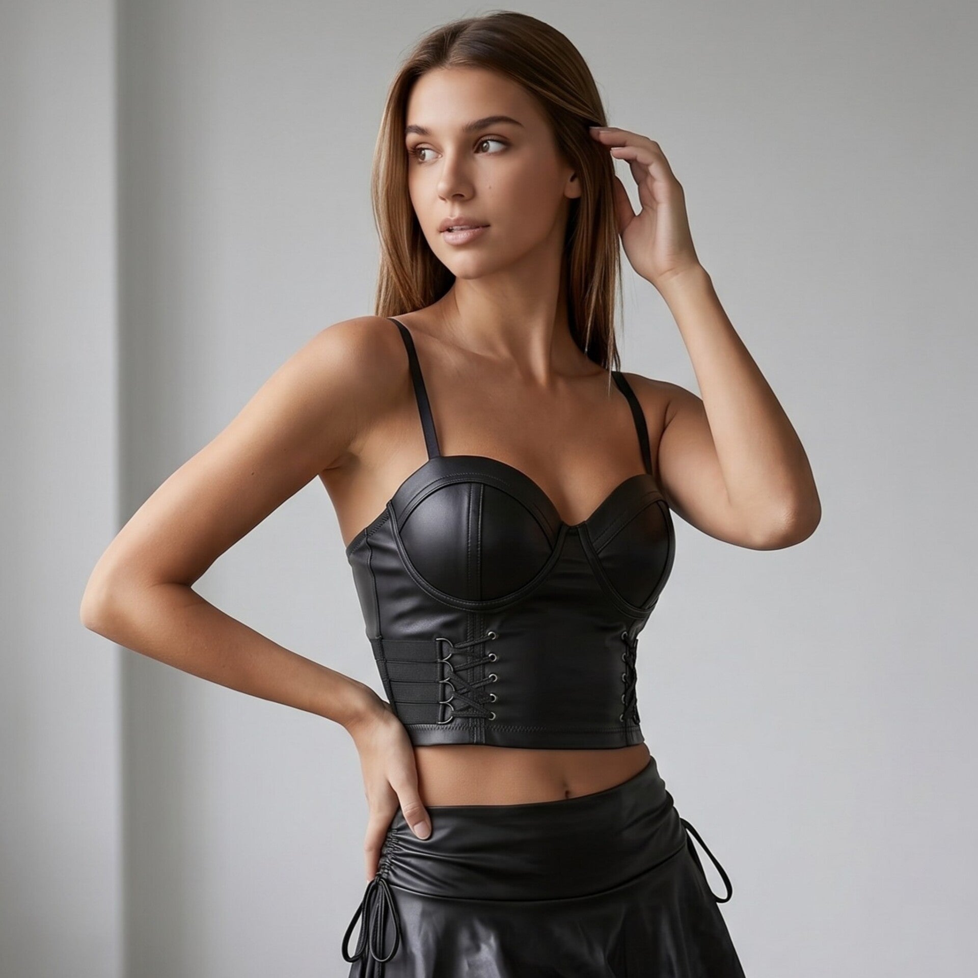 Croptop PU-Leder mit Schnürung in Schwarz, Gr. S-XL
