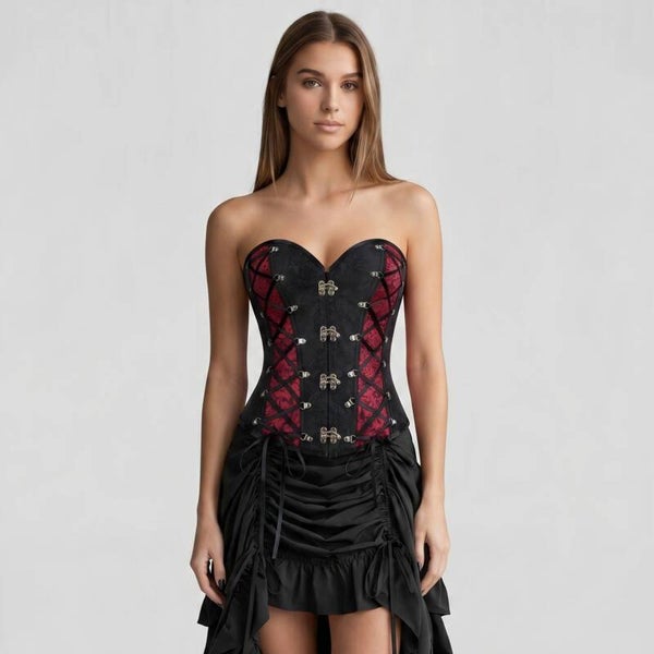 Steampunk-Corsage mit Piraten-Haken in Schwarz/Rot
