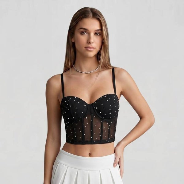 Croptop mit Glitzersteinchen & Mesh-Einsatz in Schwarz