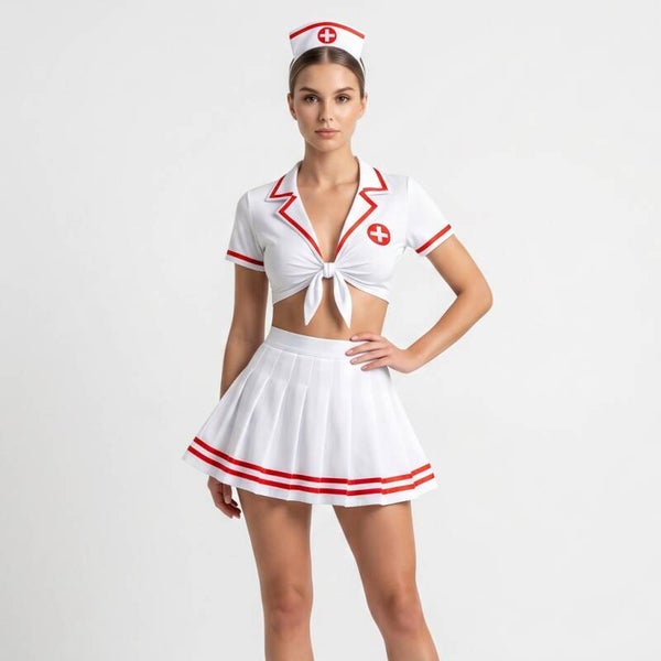 4-teiliges Krankenschwester-Kostüm in Weiß/Rot, Gr. S-XL