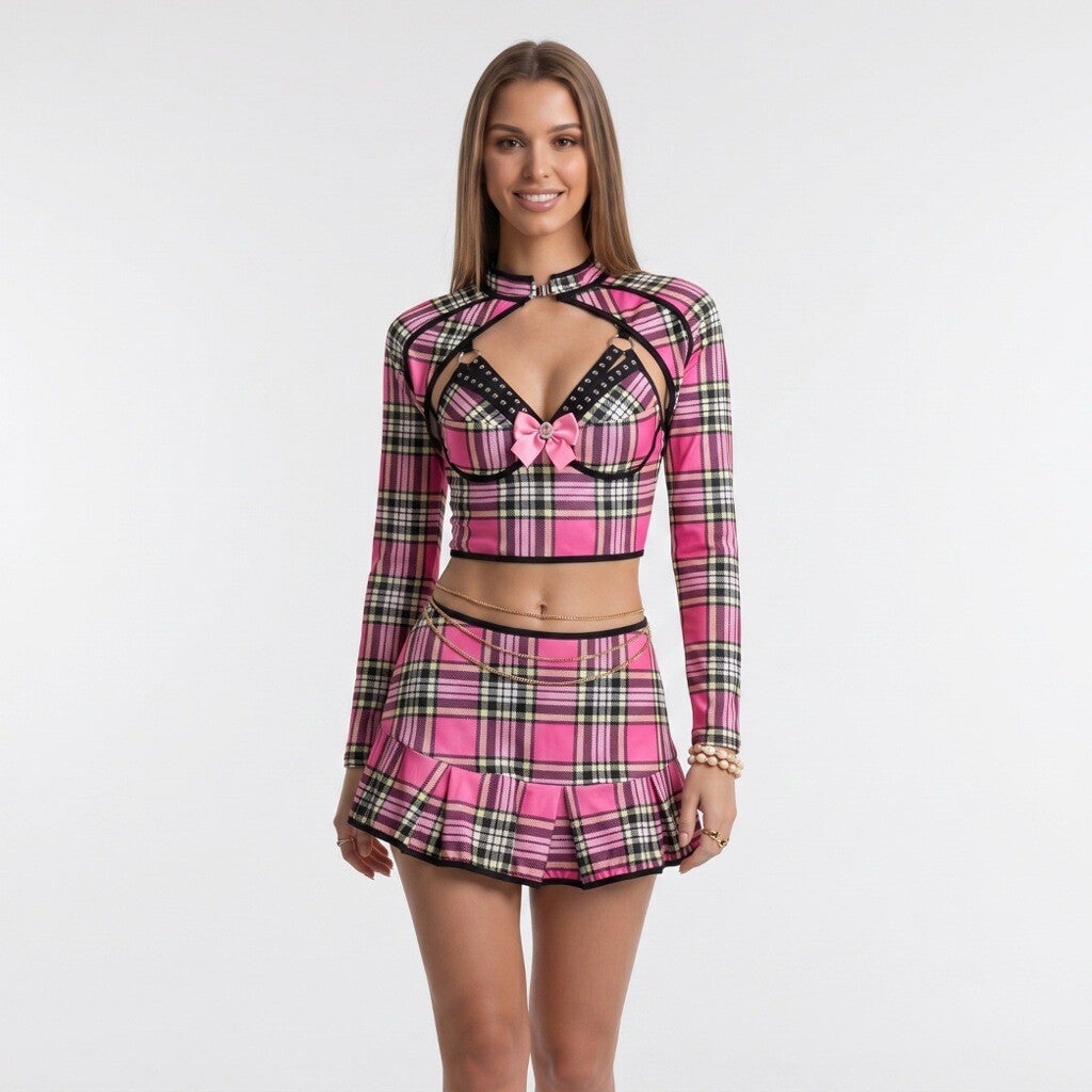 3-teiliges Schulmädchen-Kostüm im Karo-Look, Gr. S-XL