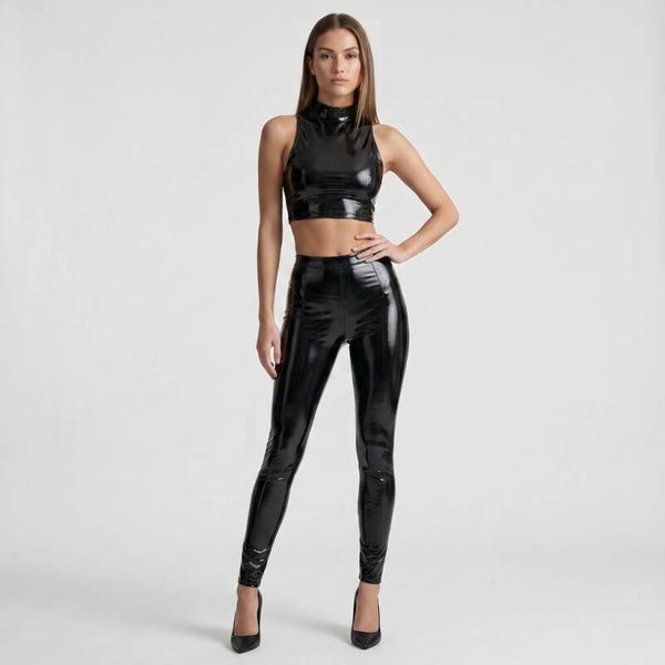 2-teiliges Wetlook-Set in Schwarz, Croptop & Minirock