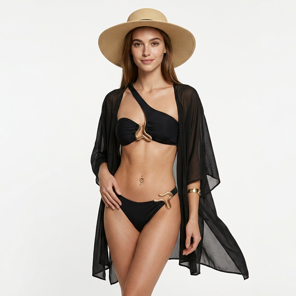 One-Shoulder-Bikini Schwarz mit Schmuckelementen