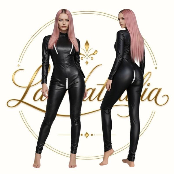 Kunstleder-Overall "Lama Notturna" mit Zipper in Schwarz, S-3XL