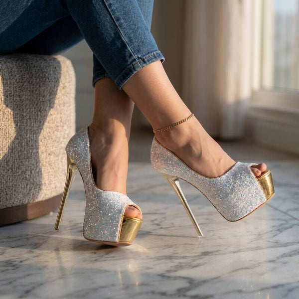 Glitzer High-Heels mit 16 cm Stiletto-Absatz in Weiß