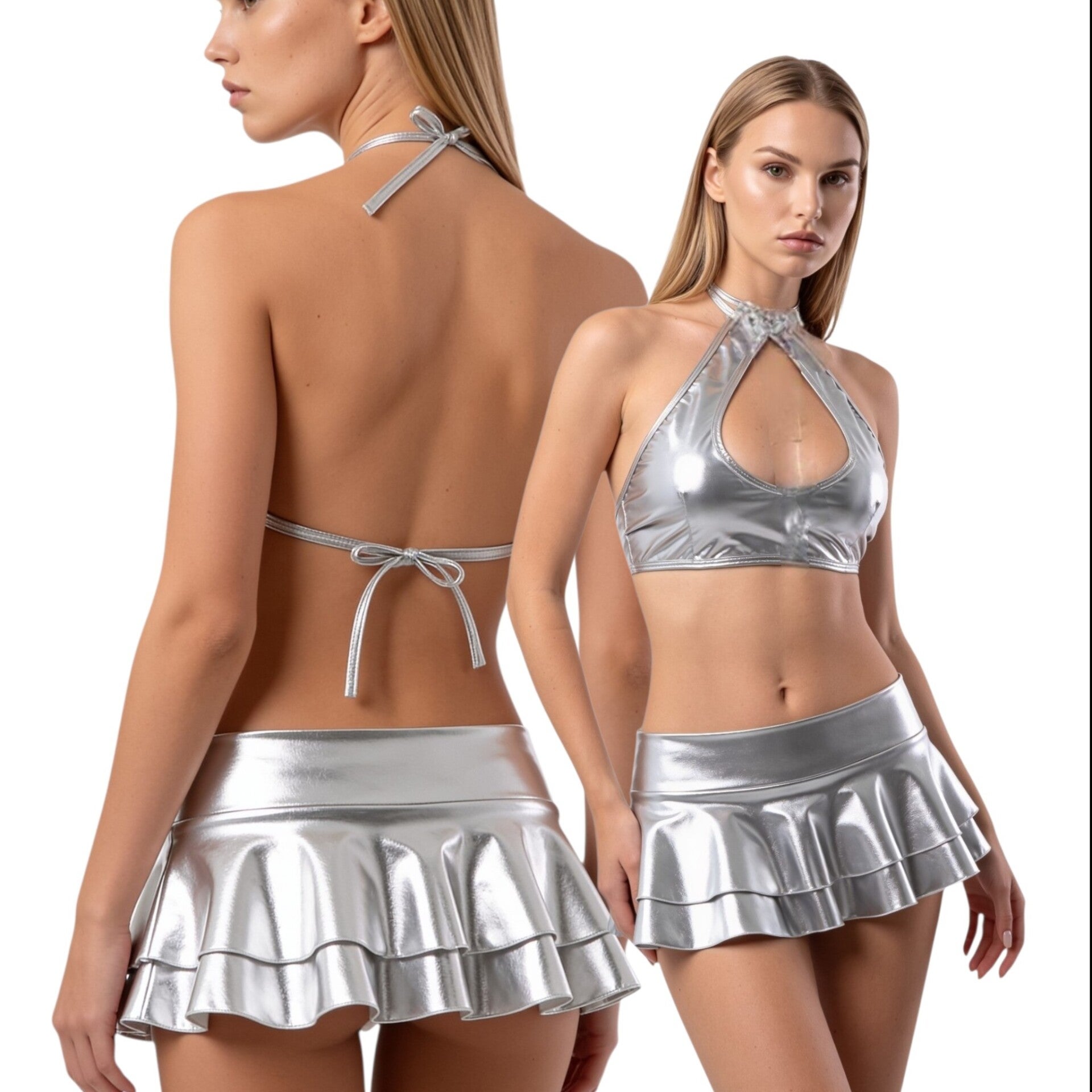 Zweiteiliges Set "Metallic Shine" – Selbstbewusster Look mit Glanz, Silber