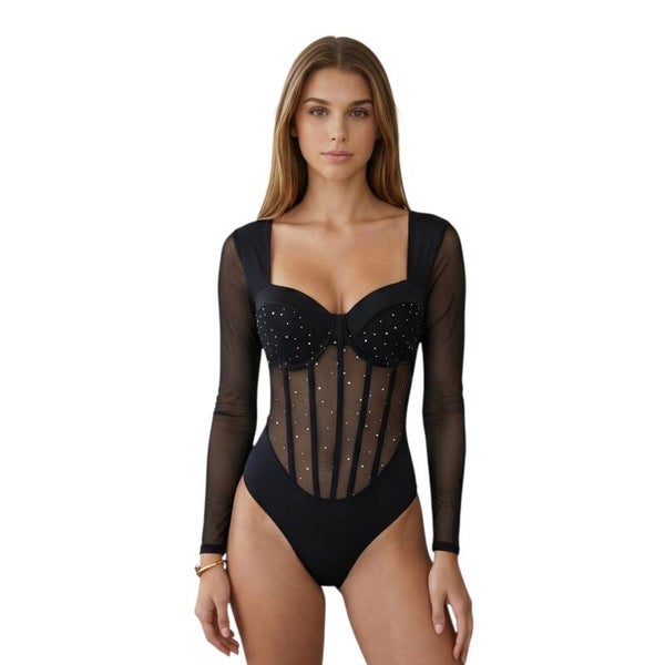 Eleganter Damenbody mit Mesh & Glitzer in Schwarz, XS-L
