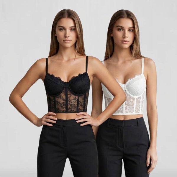 Bustier-Top mit Spaghetti-Trägern & Spitze, Schwarz o. Weiß