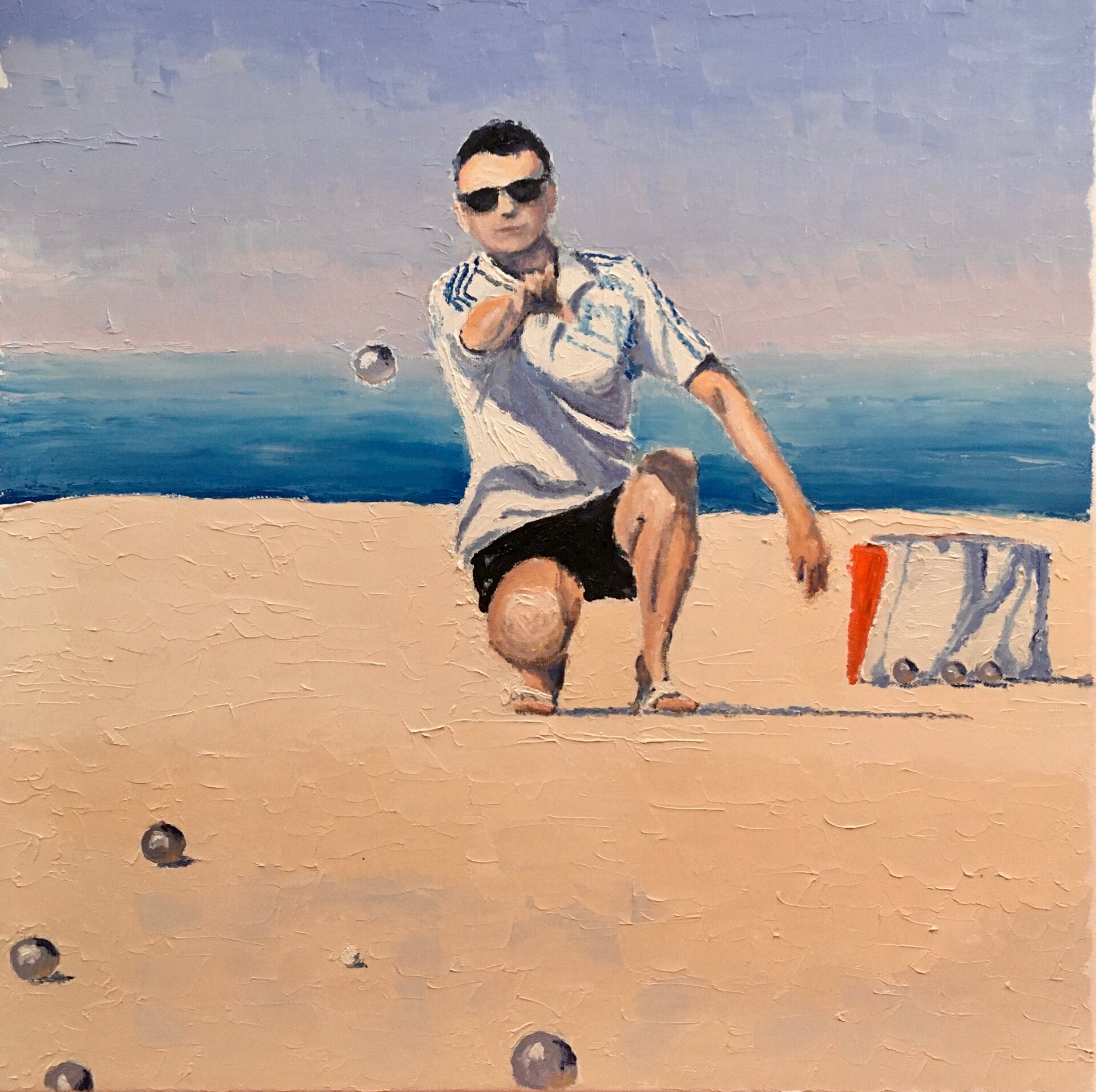 Le joueur de Pétanque, huile sur toile 60 x 60cm
