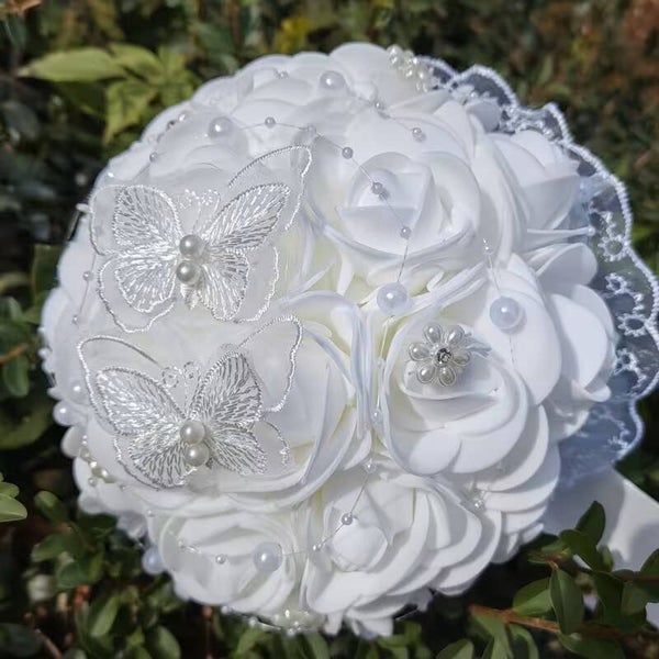 White Rose Bridal Bouquet with Pearls & Lace Butterflies