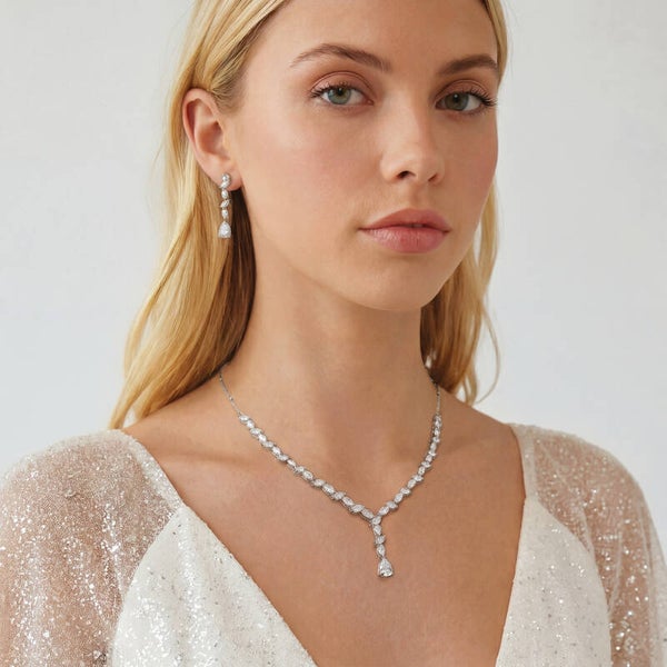 Andorra Rhodium Crystal Cubic Zirconia Wedding Necklace - Ivory & Co