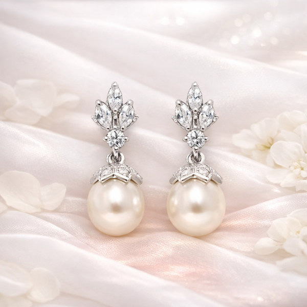 Cubic Zirconia Bridal Dangle Drop Pearl Silver Earrings - Silver