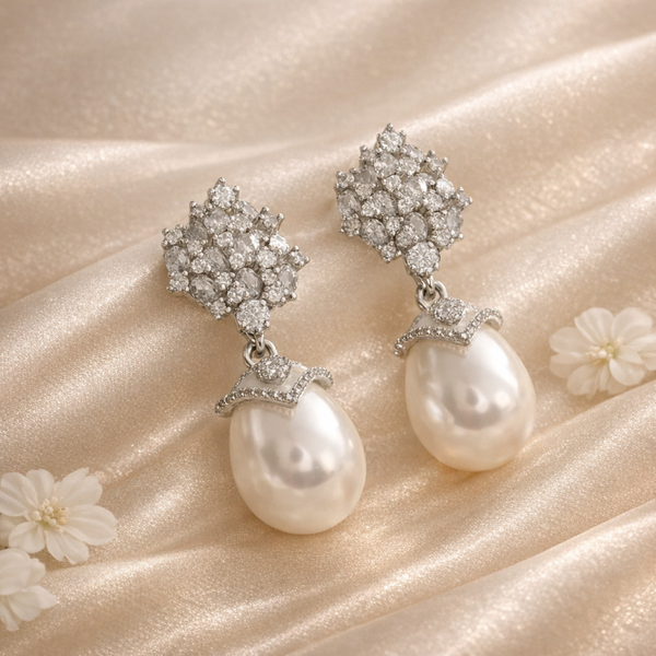 Cubic Zirconia Bridal Drop Pearl Bridal Chandelier Earrings