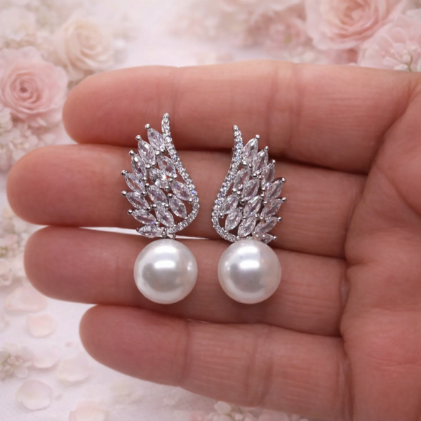Angel Wing Pearl Earrings – Silver Bridal Jewelry with Marquise‑Cut Crystals
