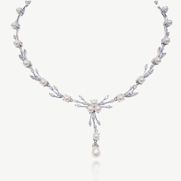 Belgravia Rhodium Crystal Pearl Bridal Necklace - Ivory & Co