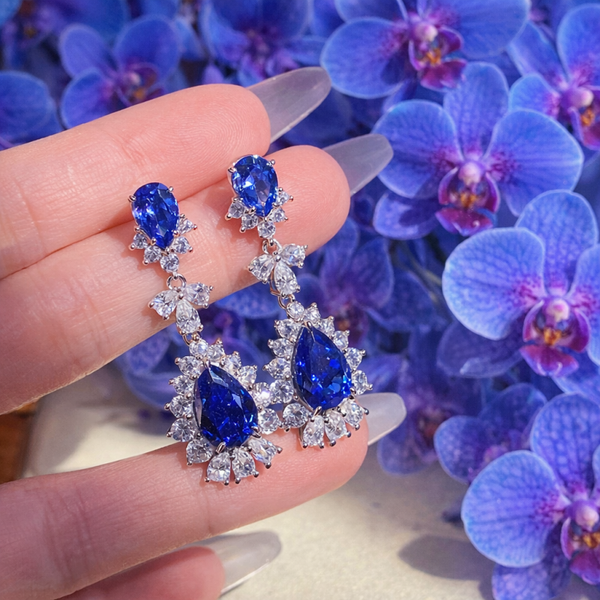 Silver & Blue Cubic Zirconia Dangle Drop Earrings