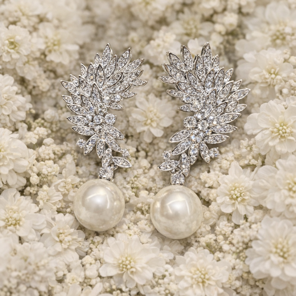 Cubic Zirconia Dangle Drop Pearl Earrings Stone Clusters Flower Motives
