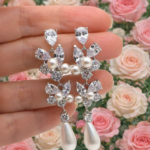 Crystal Drop Bridal Pearl Earrings - Silver Plating