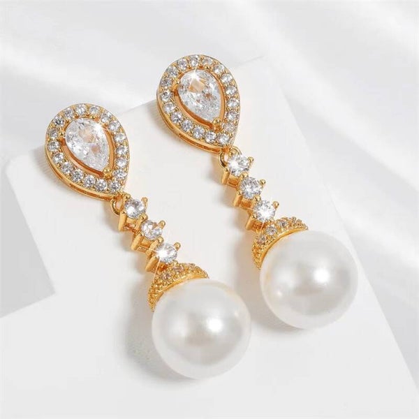 Bridal Golden Colour Pearl & Cubic Zirconia Dangle Teardrop Earrings