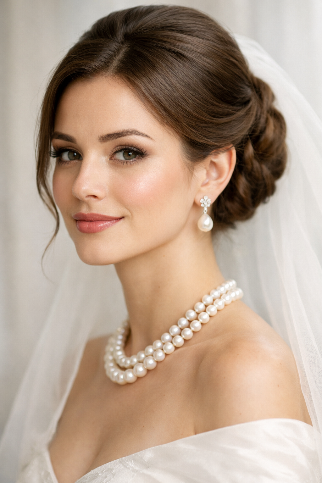 Double strand Freshwater Pearl necklace worn with pearl earrings