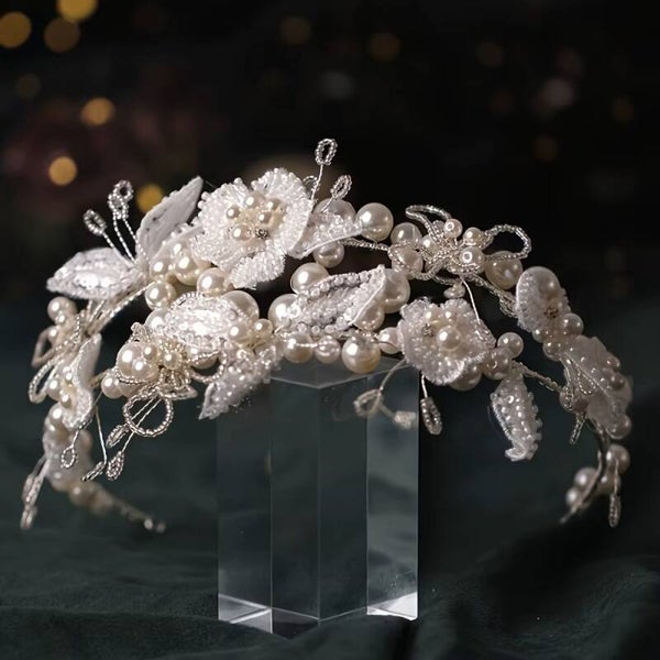 The Celestia - Pearl Crystal Leaf & Flower Bridal  Luxury Handmade Tiara