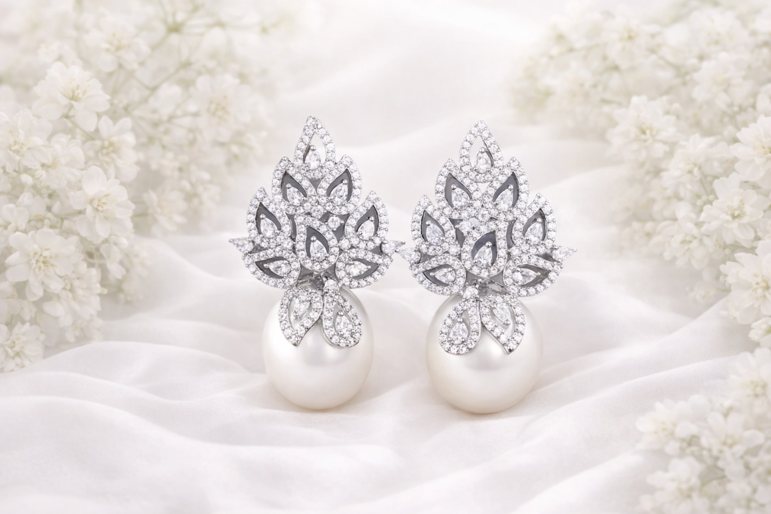 Cubic Zirconia Crystal & Pearl Bridal Stud Earrings