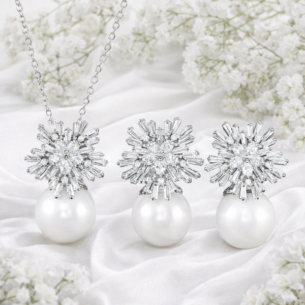 Bridal Pearl Crystal and Cubic Zirconia Necklace Earrings Set