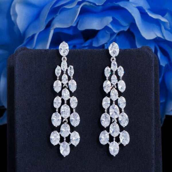 Crystal Chandelier Long  Silver Pageant Earrings