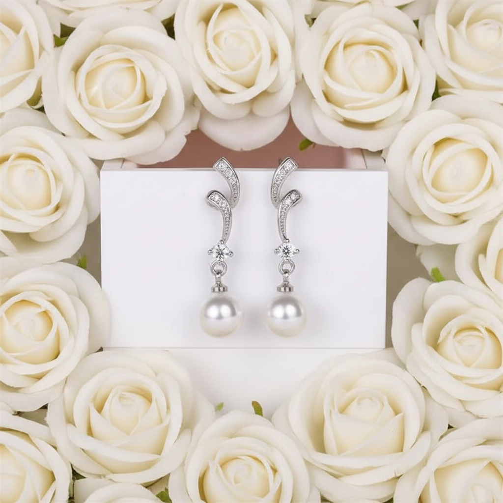 Bridal Pearl & Crystal Earrings in White Faux Pearl