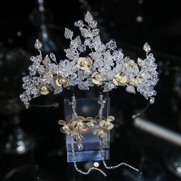 The Celestia - Floral Crystal & Pearl Luxury Handmade Bridal Tiara & Earrings Set