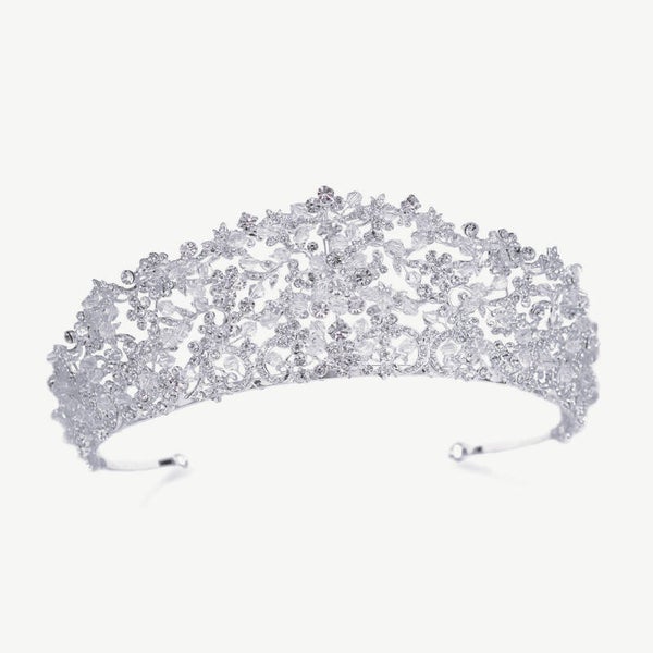 Glory Silver Crystal Floral Grand Wedding Tiara  - Ivory & Co
