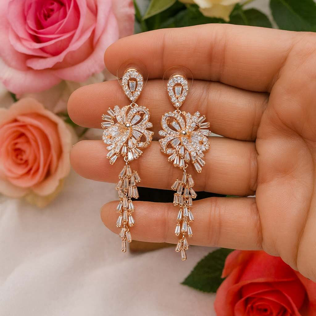 Chandelier Long Rose Gold Cubic Zirconia Crystal Earrings