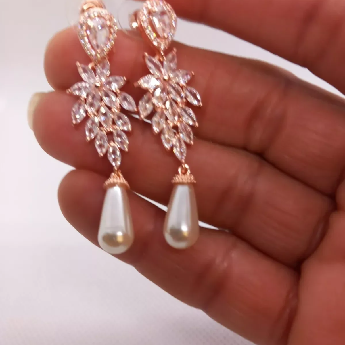 Bridal Pearl Rose Gold Cubic Zirconia Crystal Drop  Earrings - Rose Gold