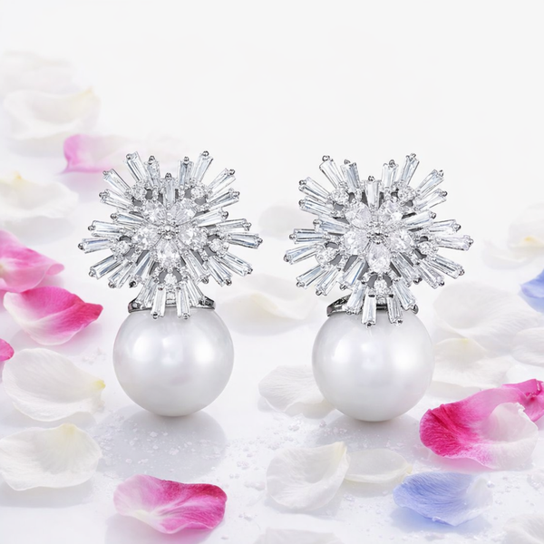Bridal Pearl Crystal Cluster Stud Cubic Zirconia Earrings