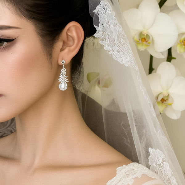 Drop Pearl Silver Leaf Earrings