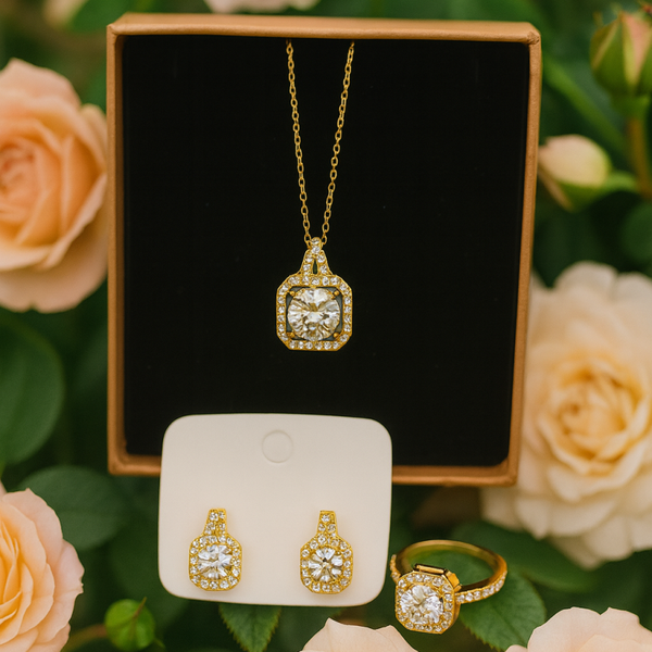 The Dahlia – Gold Bridal Jewelry Set  with Crystal Earrings Necklace & Ring