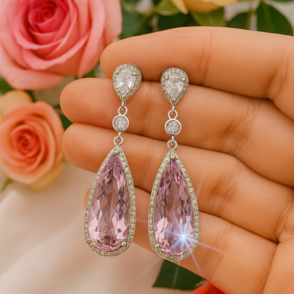 Pink Cubic Zirconia Dangle Tear Drop Shape Earrings