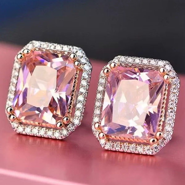 Pink Crystal Cubic Zirconia Stud Square Shape Earrings