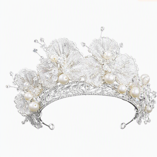 The Celestia - Pearl Garden Bridal Crown & Earrings Set