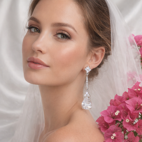 Long Drop Bridal Earrings Cubic Zirconia Drop Dangle Pear Shape Silver Earrings