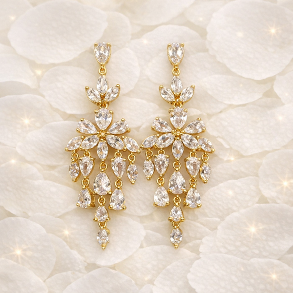 Chandelier Cubic Zirconia Crystal Drop Earrings Gold Sparkle Earrings
